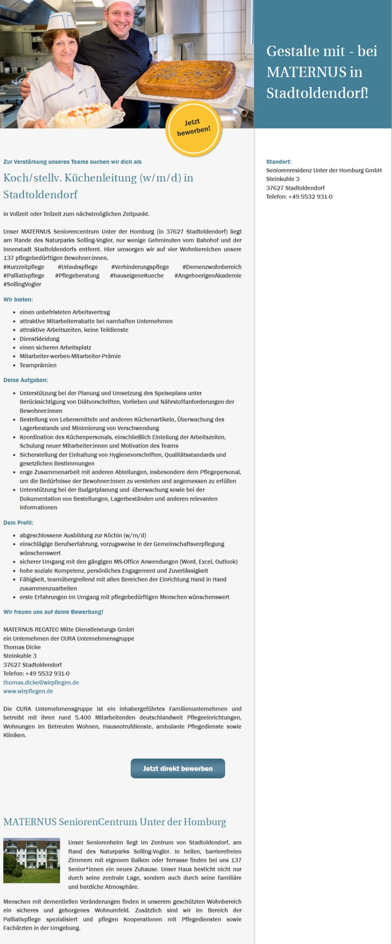 Koch/Köchin / stellv. Küchenleitung (m/w/d) - MATERNUS Seniorenresidenz Unter der Homburg GmbH