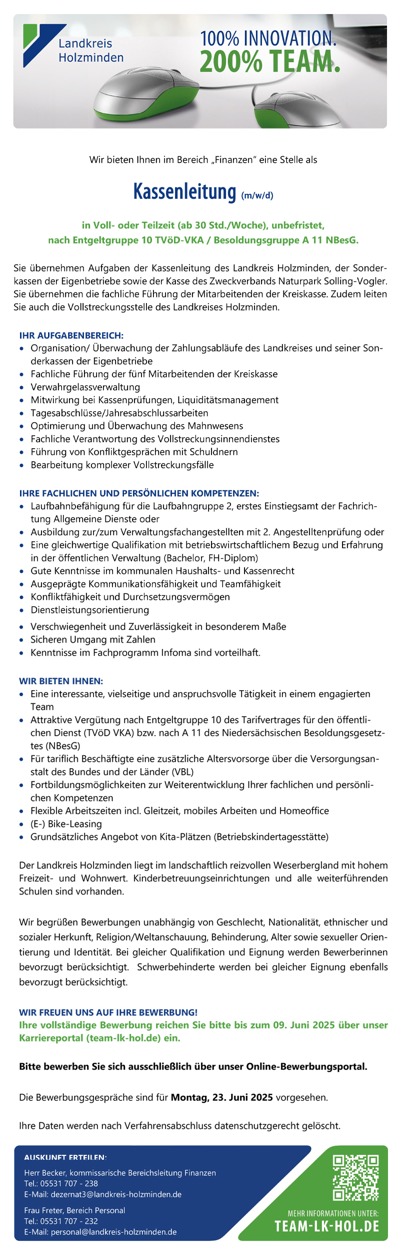 Kassenleitung (m/w/d) im Bereich Finanzen -  Landkreis Holzminden 