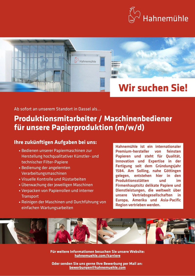 Produktionsmitarbeiter/in / Maschinenbediener/in für unsere Papierproduktion (m/w/d) - Hahnemühle FineArt GmbH