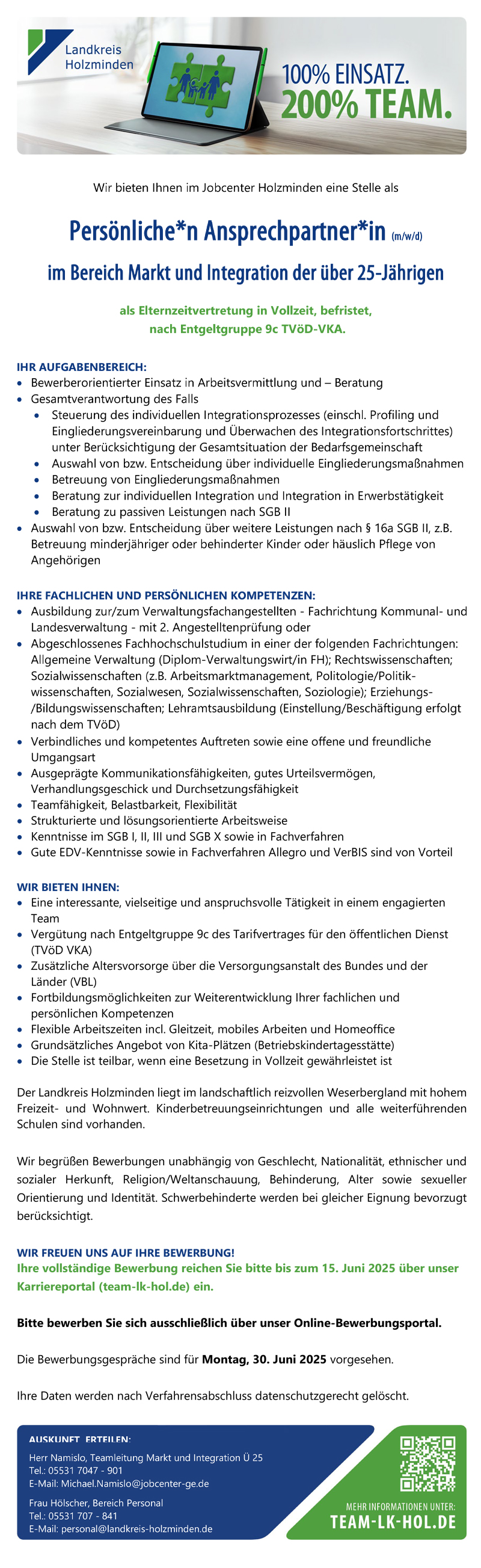Persönliche/n Ansprechpartner/in (m/w/d) im Bereich Markt und Integration der über 25-Jährigen - Landkreis Holzminden 
