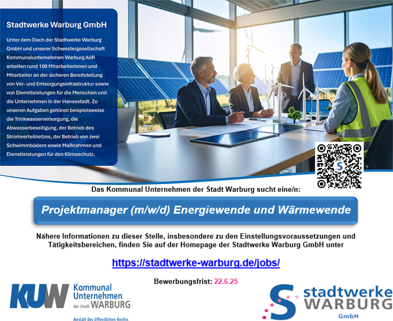 Projektmanager/in (m/w/d) Energiewende und Wärmewende - Stadtwerke Warburg 