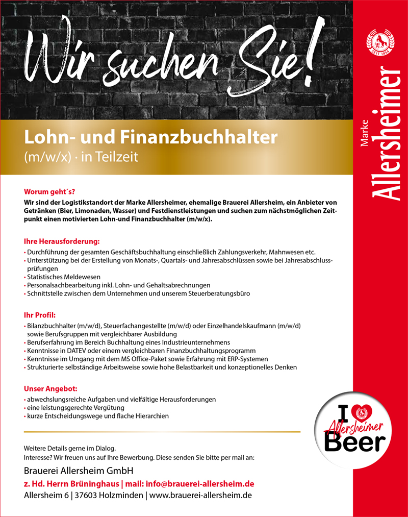 Lohn- und Finanzbuchhalter/in (m/w/x) - Brauerei Allersheim GmbH