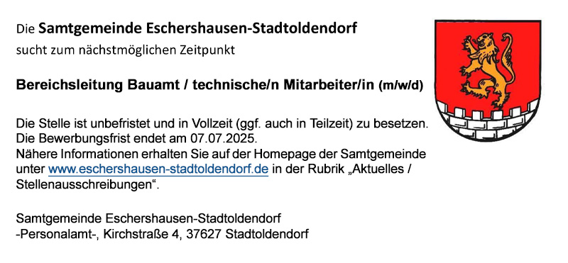 Bereichsleitung Bauamt / technische/n Mitarbeiter/in (m/w/d) - Samtgemeinde Eschershausen - Stadtoldendorf