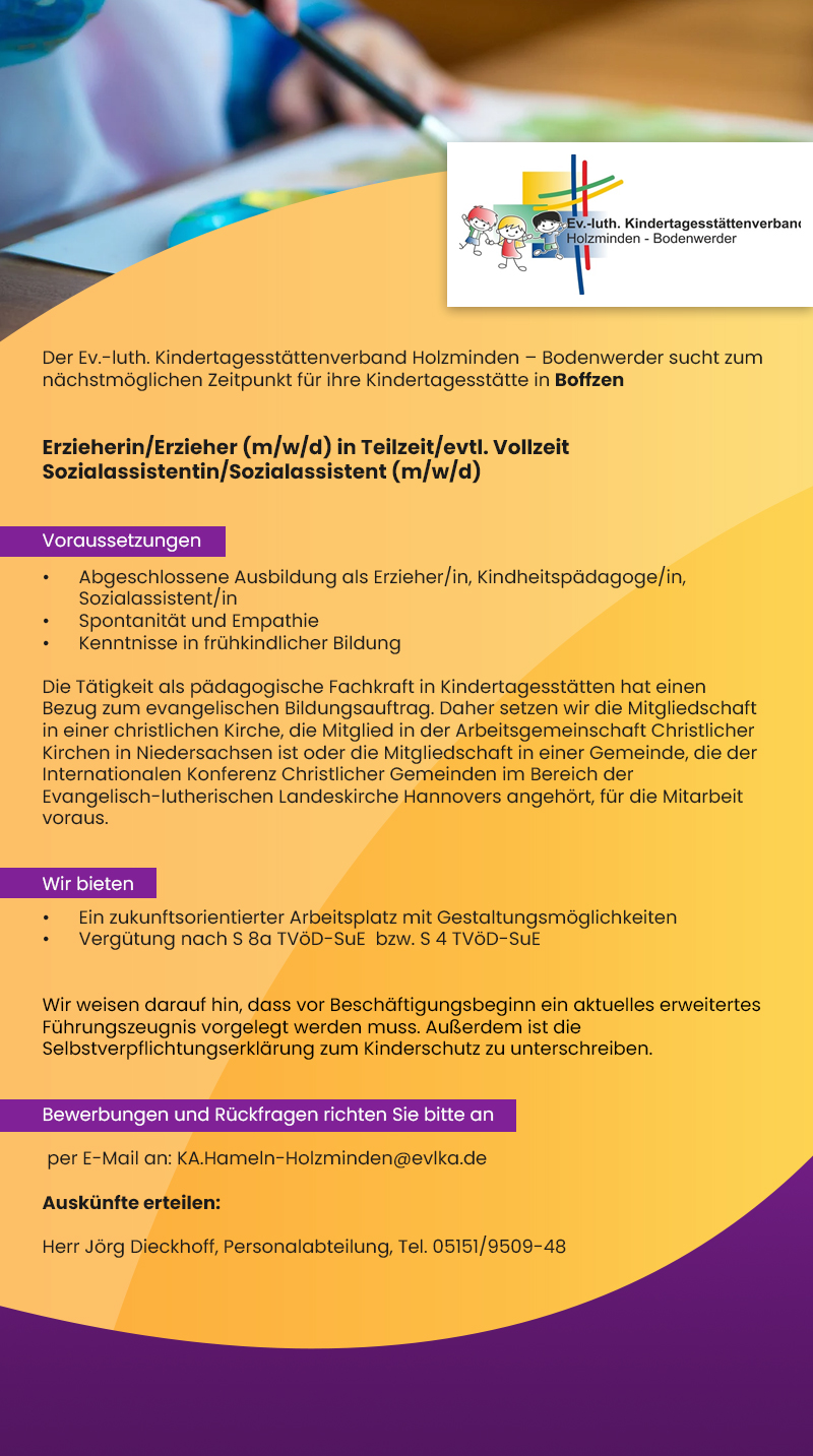 Erzieher/in / Sozialassistent/in (m/w/d) Kindertagesstätte Boffzen - Kirchenkreis Holzminden-Bodenwerder