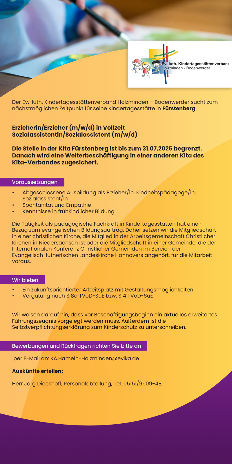 Erzieher/in / Sozialassistent/in (m/w/d) Kindertagesstätte Fürstenberg - Kirchenkreis Holzminden-Bodenwerder