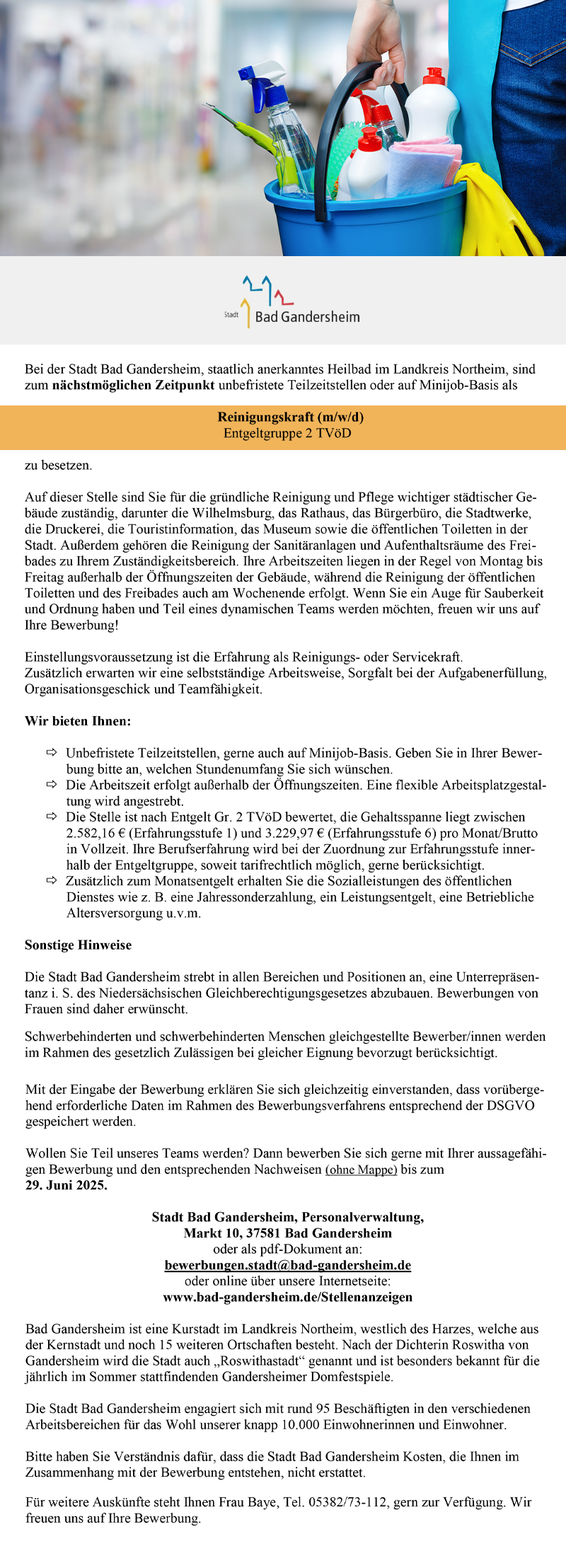 Reinigungskraft (m/w/d) - Stadt Bad Gandersheim