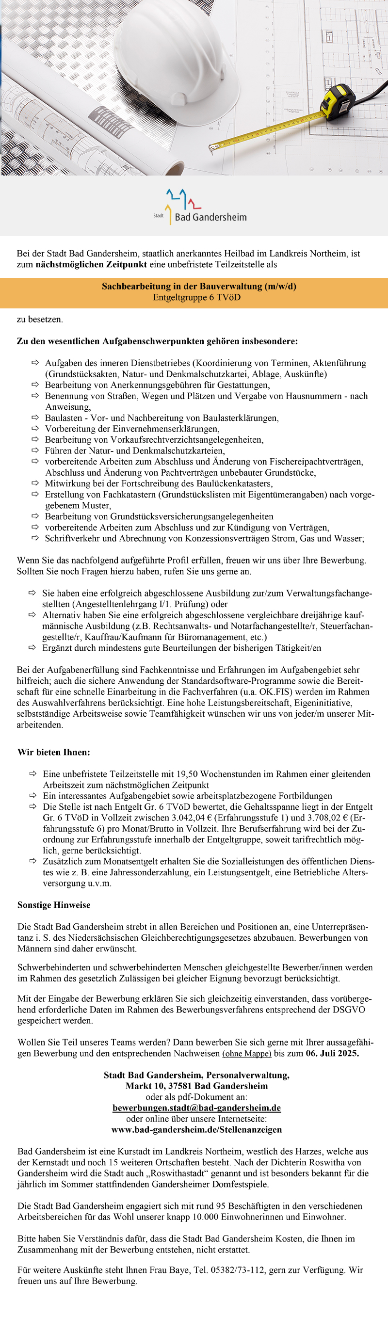 Sachbearbeitung in der Bauverwaltung (m/w/d) - Stadt Bad Gandersheim