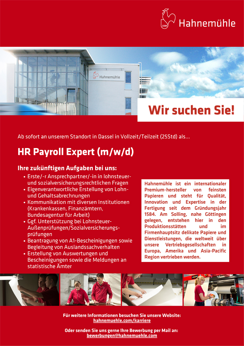 HR Payroll Expert (m/w/d) -  Hahnemühle FineArt GmbH
