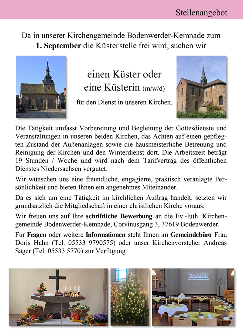 Küster/Küsterin (m/w/d) - Ev.-luth. Kirchengemeinde Bodenwerder--Kemnade