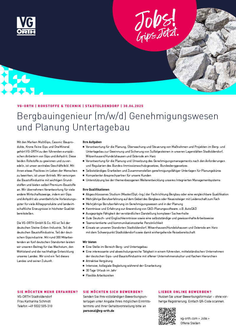 Bergbauingenieur/in (m/w/d) Genehmigungswesen und Planung Untertagebau - VG-ORTH GmbH & Co. KG