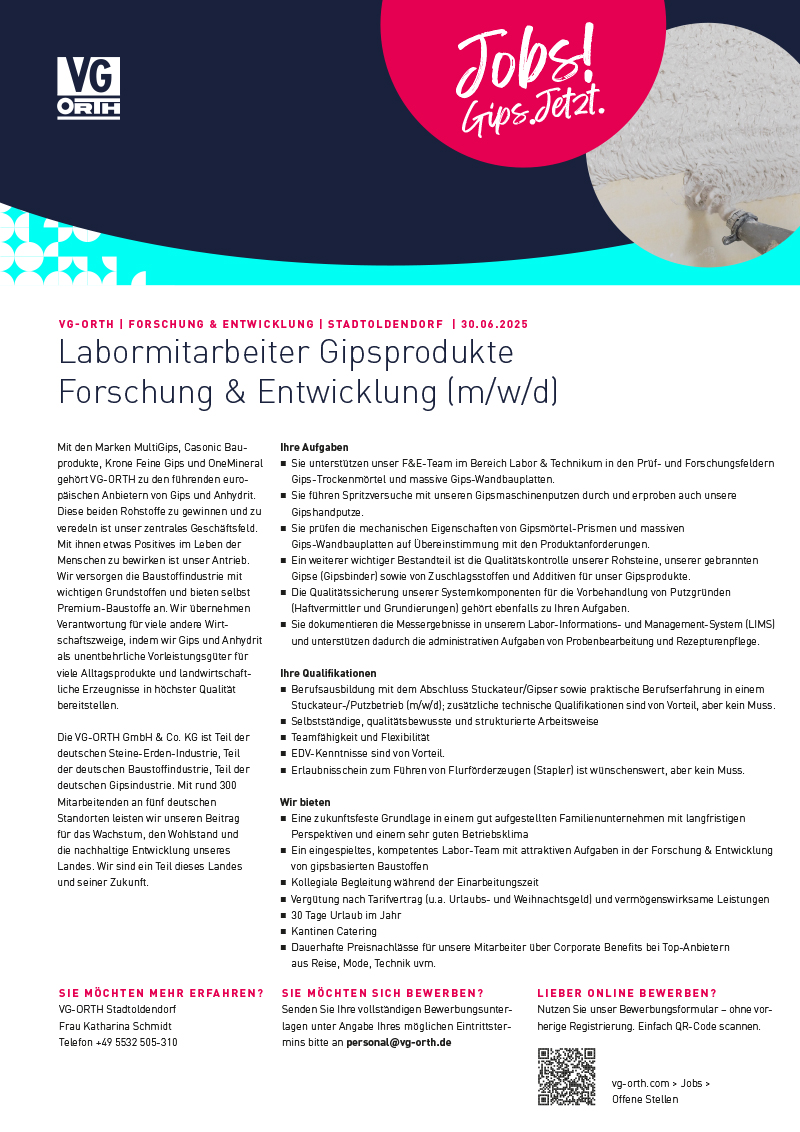 Labormitarbeiter/in Gipsprodukte Forschung & Entwicklung (m/w/d) - VG-ORTH GmbH & Co. KG