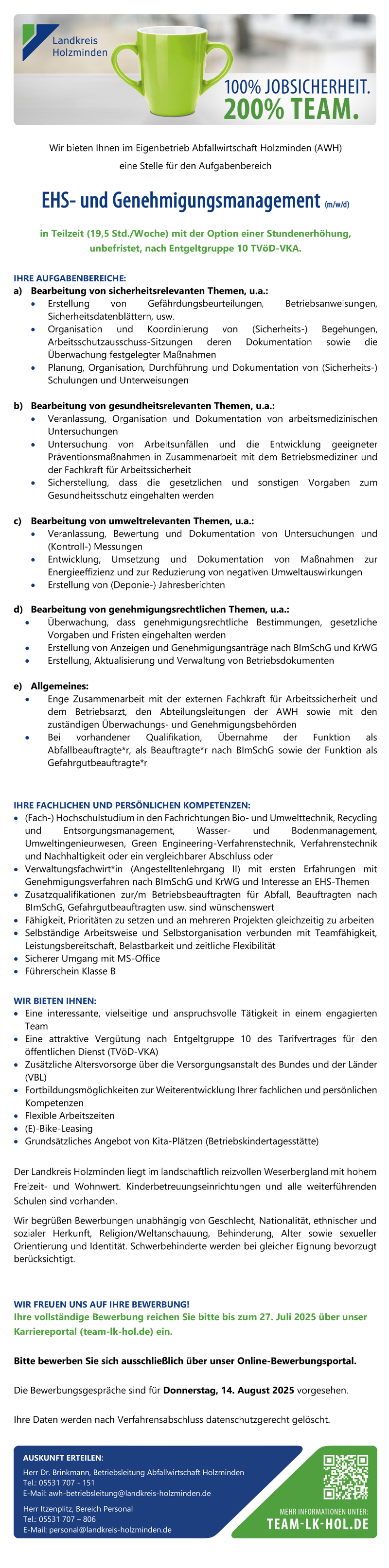 EHS- und Genehmigungsmanagement (m/w/d) - Landkreis Holzminden