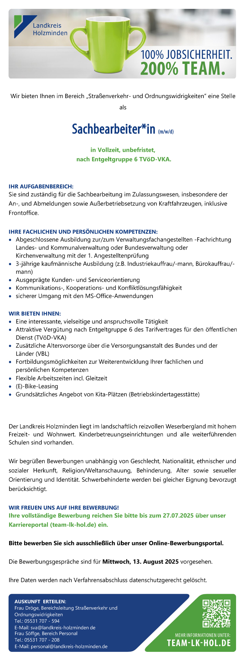 Sachbearbeiter/in (m/w/d) im Bereich Straßenverkehr- und Ordnungswidrigkeiten - Landkreis Holzminden