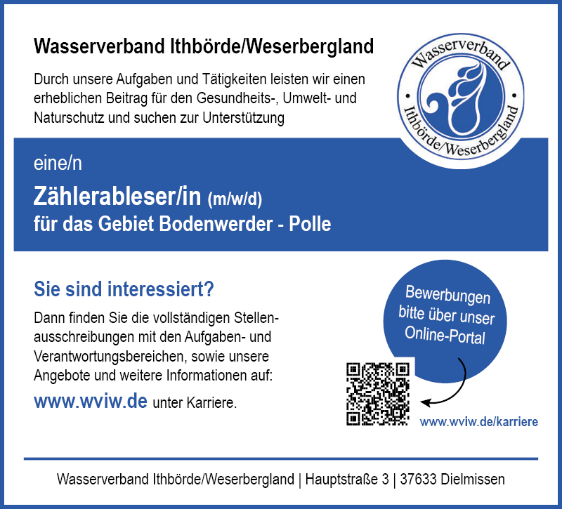 Zählerableser/in für das Gebiet Bodenwerder-Polle (m/w/d) - WVIW Wasserverband Ithbörde/Weserbergland 