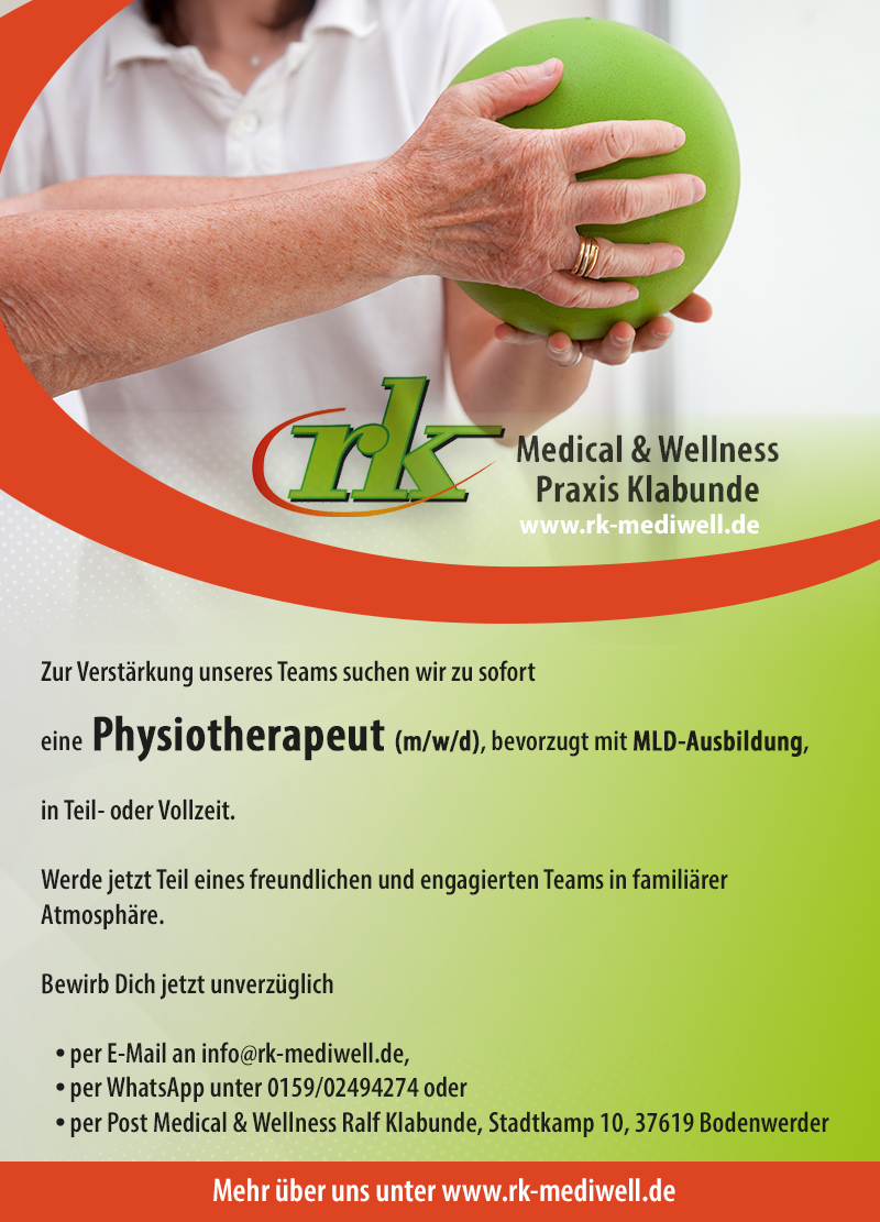 Physiotherapeut/in (m/w/d), bevorzugt mit MLD-Ausbildung - Medical- & Wellness-Praxis Ralf Klabunde