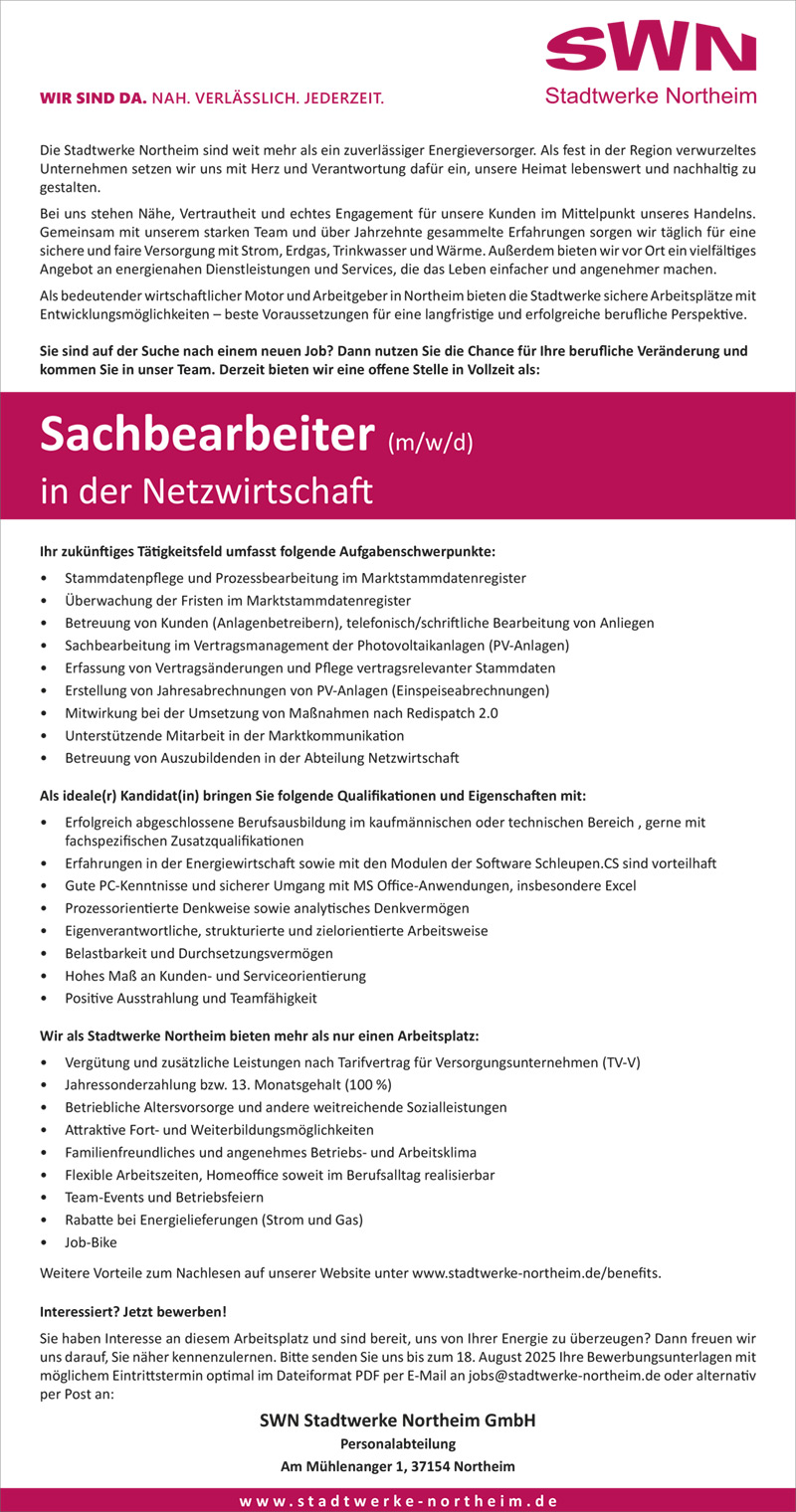Sachbearbeiter/in in der Netzwirtschaft (m/w/d) - SWN Stadtwerke Northeim GmbH