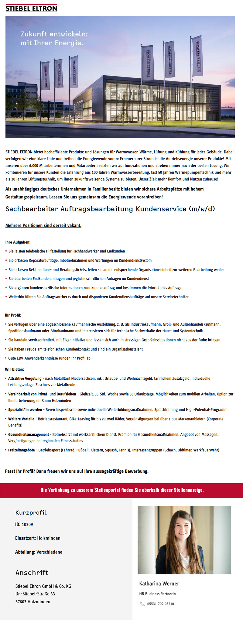 Sachbearbeiter/in Auftragsbearbeitung Kundenservice (m/w/d) - Stiebel Eltron GmbH & Co. KG 