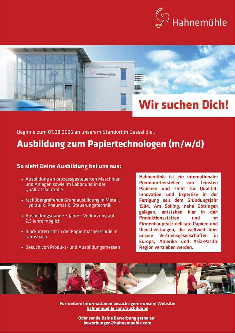 Ausbildung zum Papiertechnologen (m/w/d) -  Hahnemühle FineArt GmbH