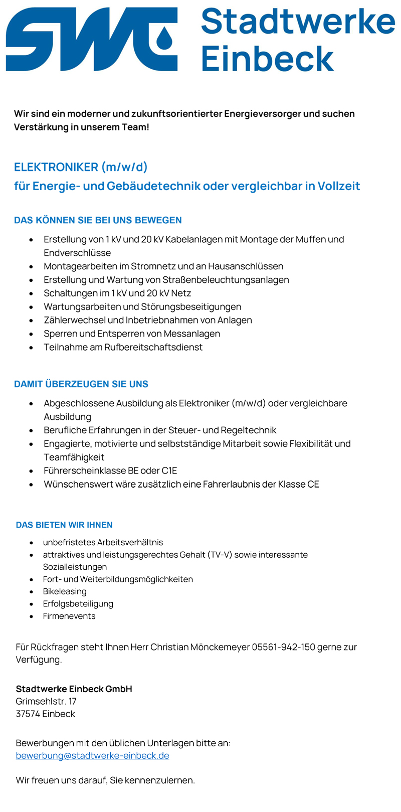 Elektroniker/in (m/w/d) - Stadtwerke Einbeck GmbH