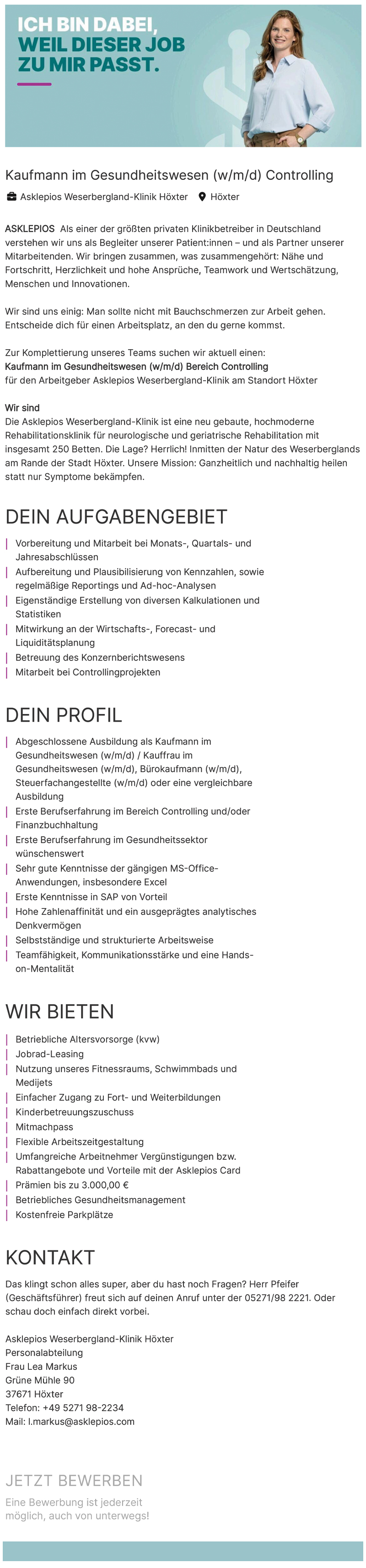 Kaufmann im Gesundheitswesen (w/m/d) Controlling - Asklepios Weserbergland-Klinik