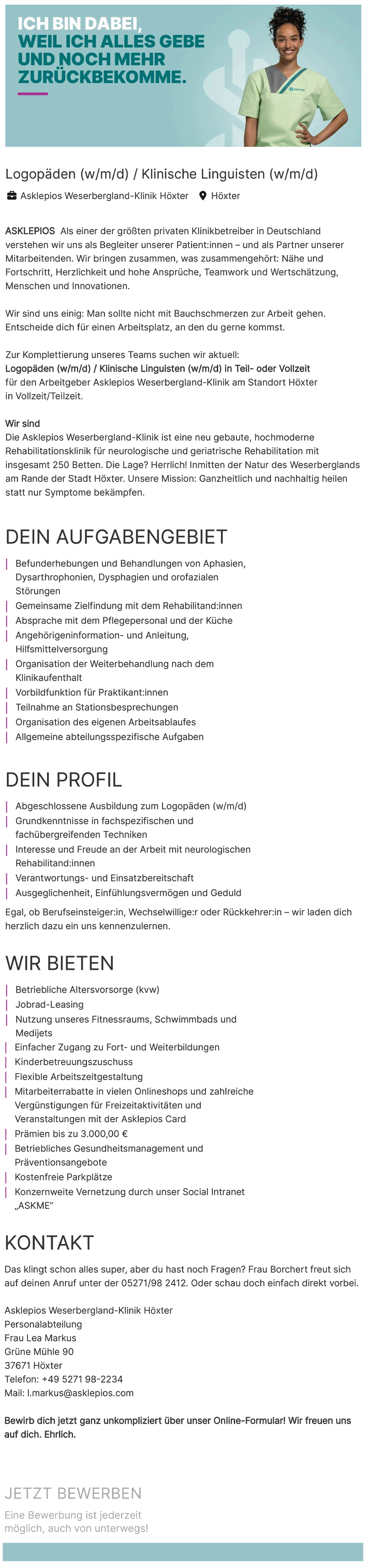 Logopäden (w/m/d) / Klinische Linguisten (m/w/d) - Asklepios Weserbergland-Klinik