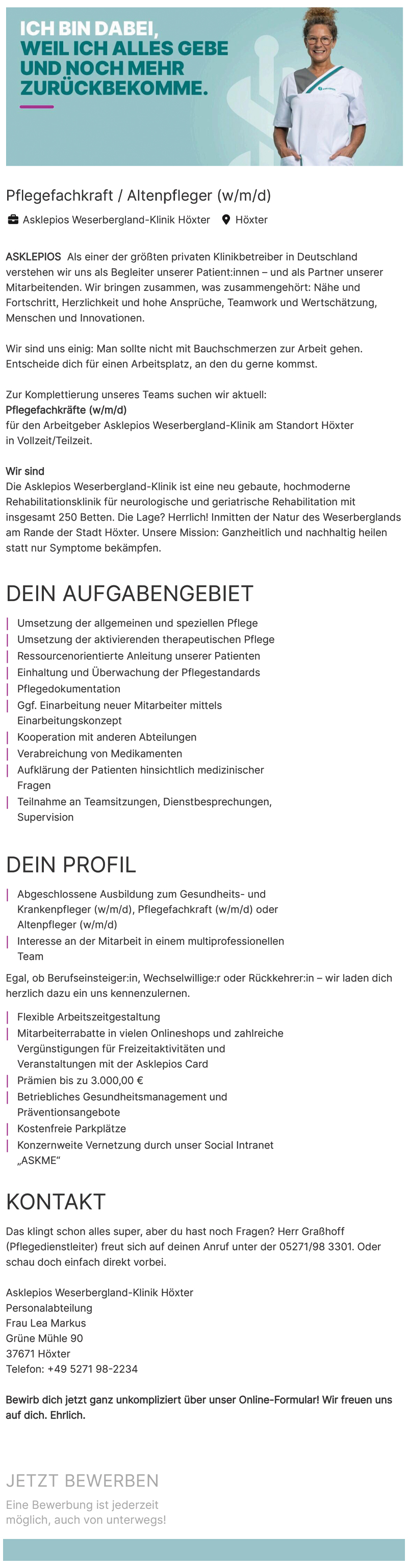 Pflegefachkraft / Altenpfleger (w/m/d)  - Asklepios Weserbergland-Klinik
