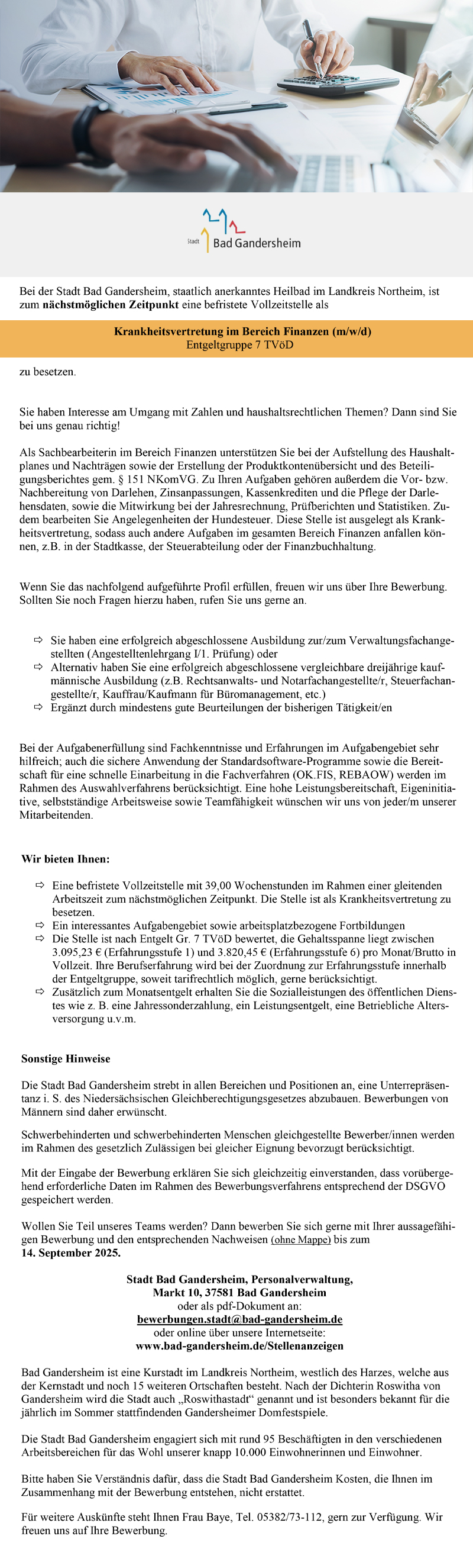 Krankheitsvertretung im Bereich Finanzen (m/w/d) - Stadt Bad Gandersheim