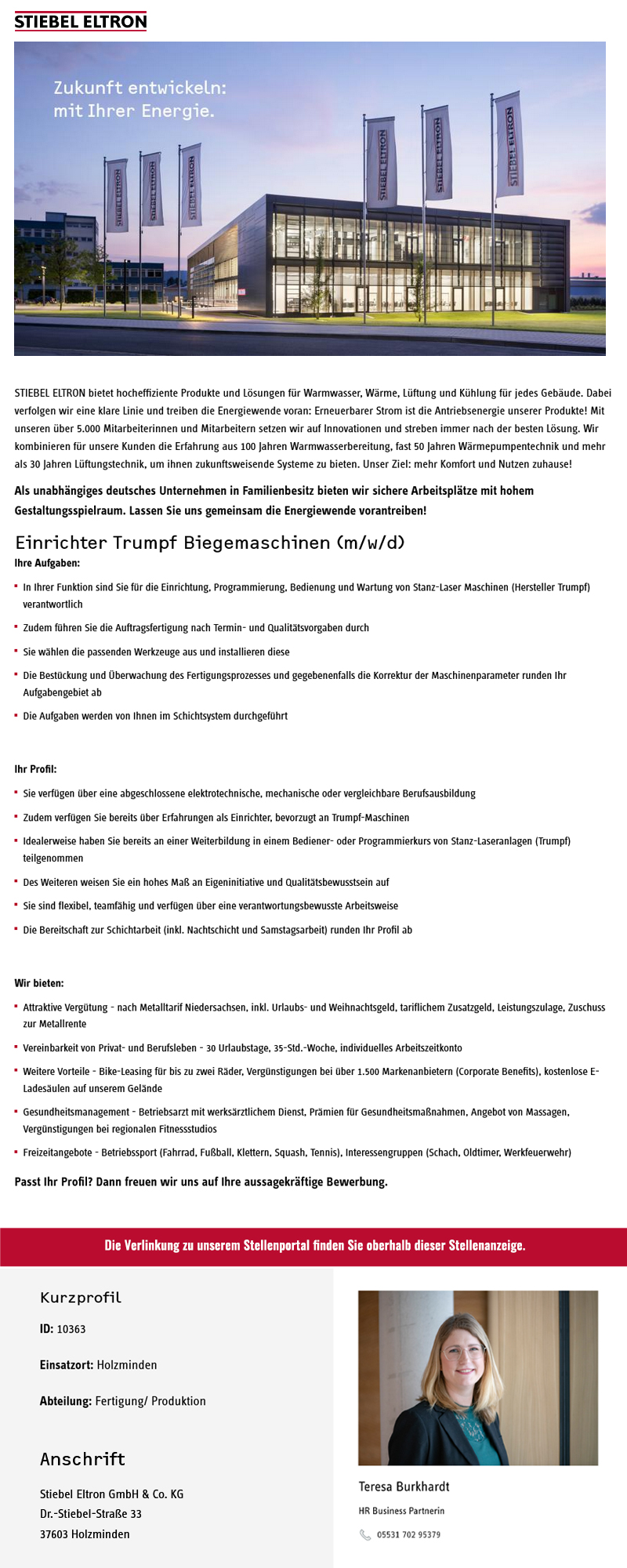 Einrichter Trumpf Biegemaschinen (m/w/d) - Stiebel Eltron GmbH & Co. KG