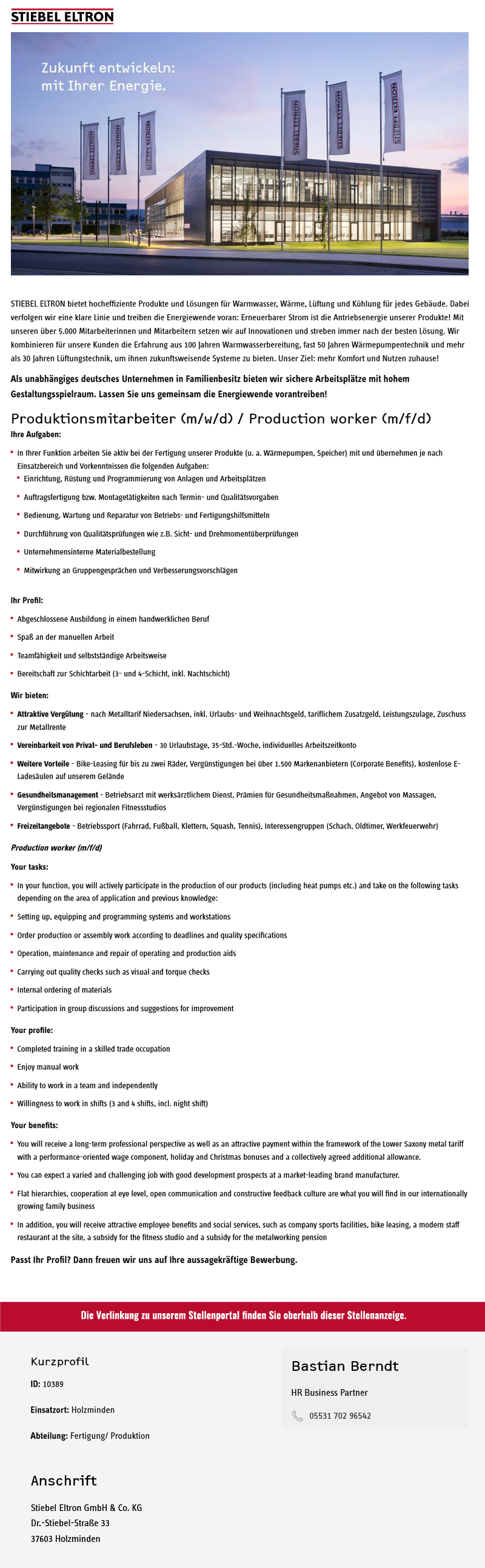 Produktionsmitarbeiter (m/w/d) / Produktion worker (m/f/d) - Stiebel Eltron GmbH & Co. KG