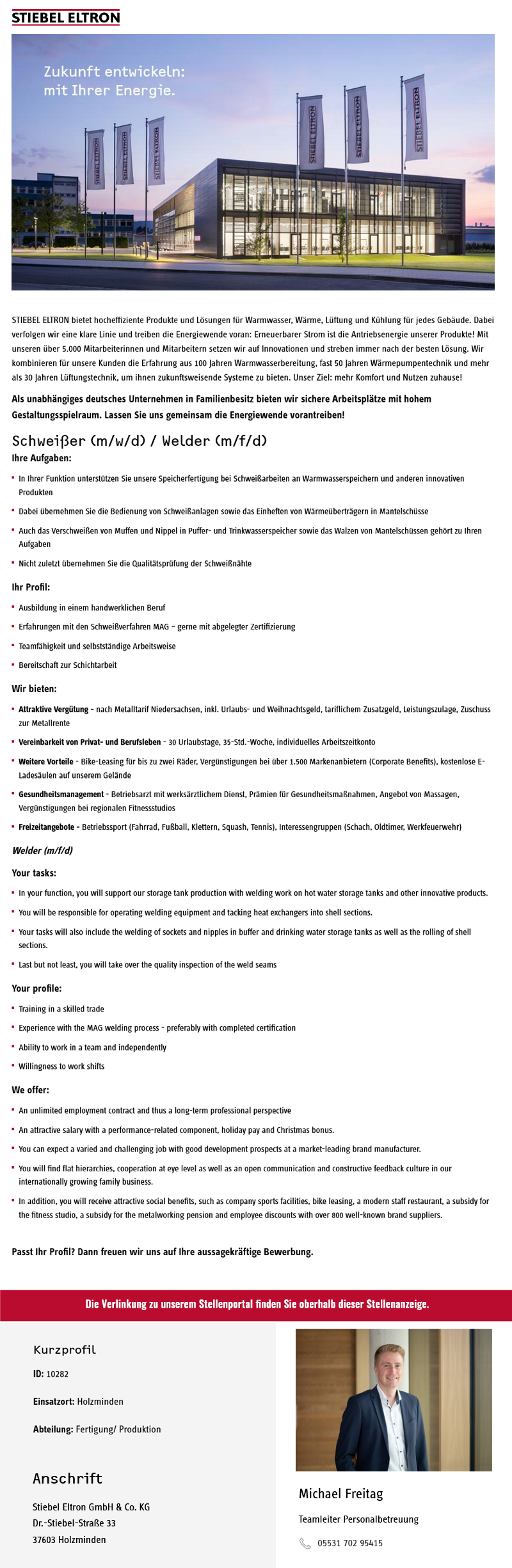 Schweißer (m/w/d) / Welder (m/f/d) - Stiebel Eltron GmbH & Co. KG