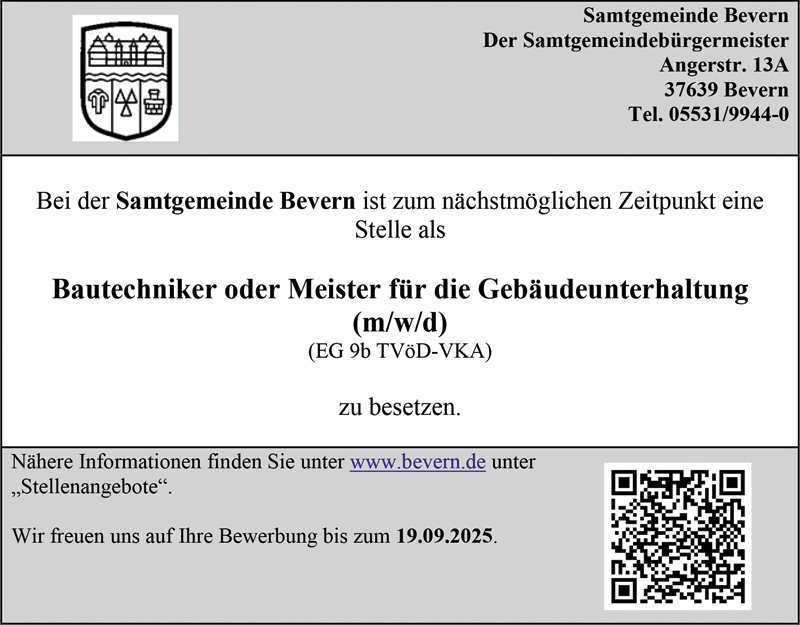 Bautechniker oder Meister für die Gebäudeunterhaltung (m/w/d) - Samtgemeinde Bevern
