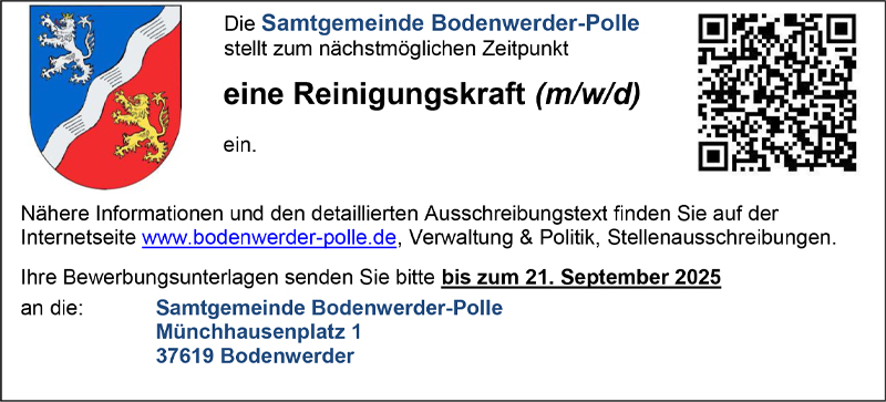 Reinigungskraft (m/w/d)  -  Samtgemeinde Bodenwerder-Polle