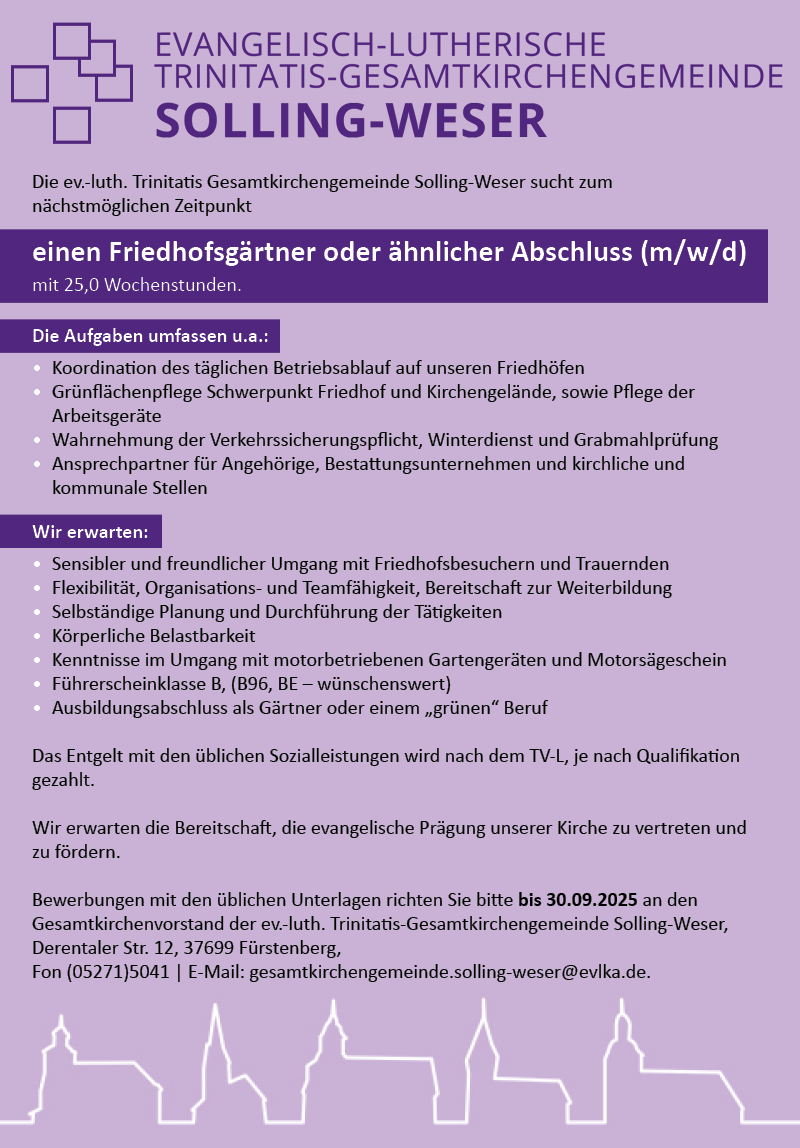 Friedhofsgärtner/in oder ähnlicher Abschluss (m/w/d) - ev.-luth. Trinitatis-Gesamtkirchengemeinde Solling-Weser