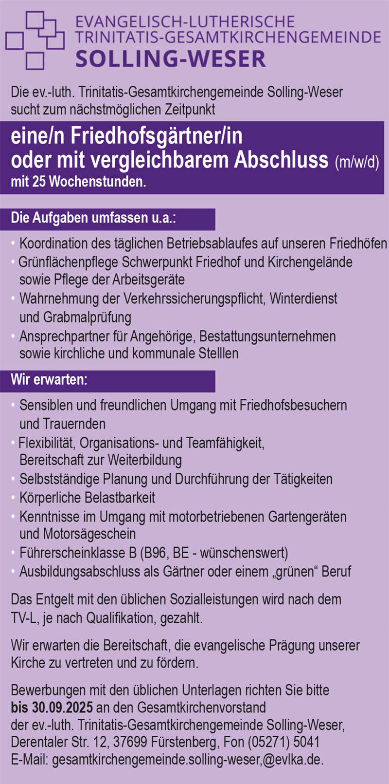 Friedhofsgärtner/in oder ähnlicher Abschluss (m/w/d) - ev.-luth. Trinitatis-Gesamtkirchengemeinde Solling-Weser