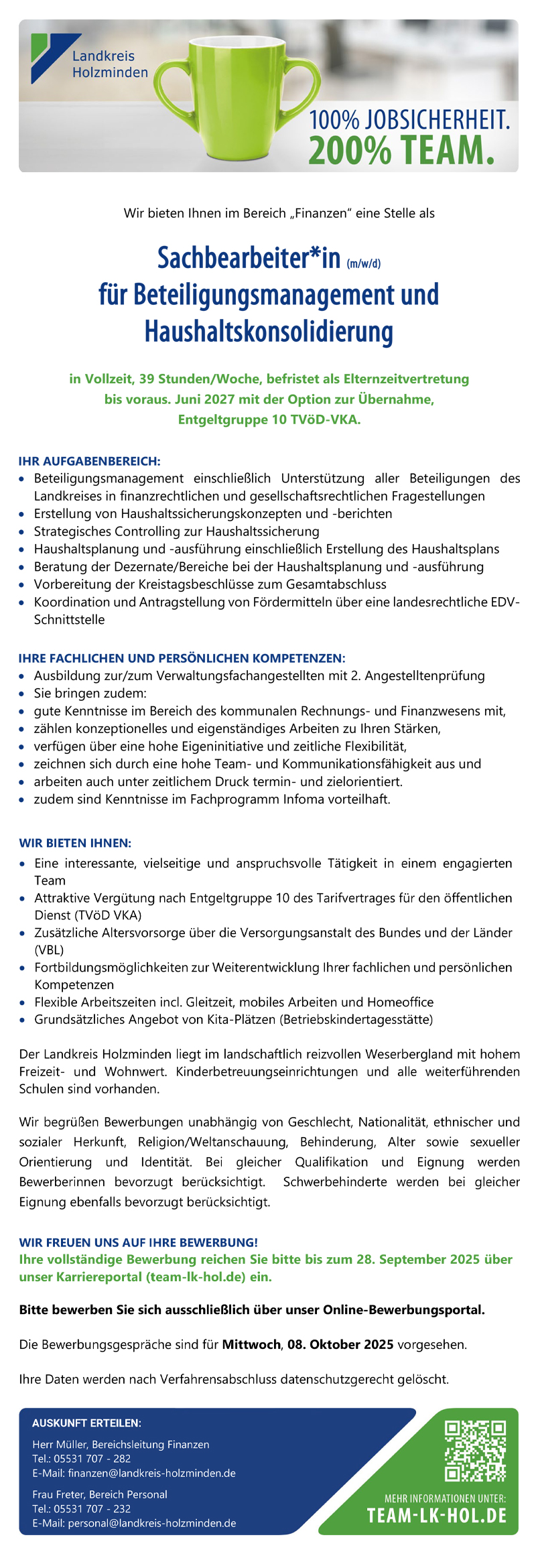 Sachbearbeiter/in für Beteiligungsmanagement und Haushaltskonsolidierung (m/w/d) - Landkreis Holzminden