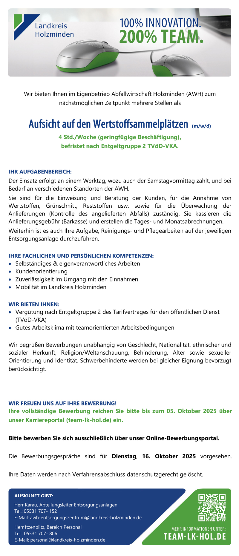 Aufsicht auf den Wertstoffsammelplätzen (m/w/d) - Landkreis Holzminden