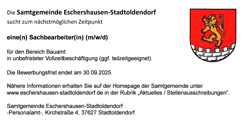 Sachbearbeiter/in für den Bereich Bauamt (m/w/d) - Samtgemeinde Eschershausen - Stadtoldendorf 