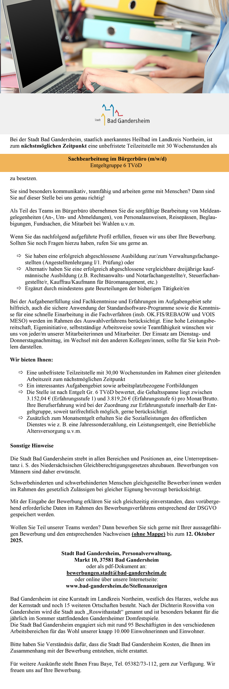 Sachbearbeitung im Bürgerbüro (m/w/d) - Stadt Bad Gandersheim