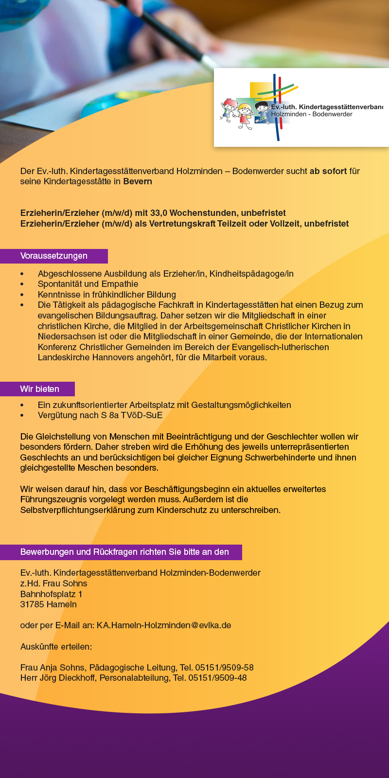 Erzieher/in (m/w/d) für die Kindertagesstätte in Bevern - Ev.-luth. Kindertagesstättenverband Holzminden-Bodenwerder