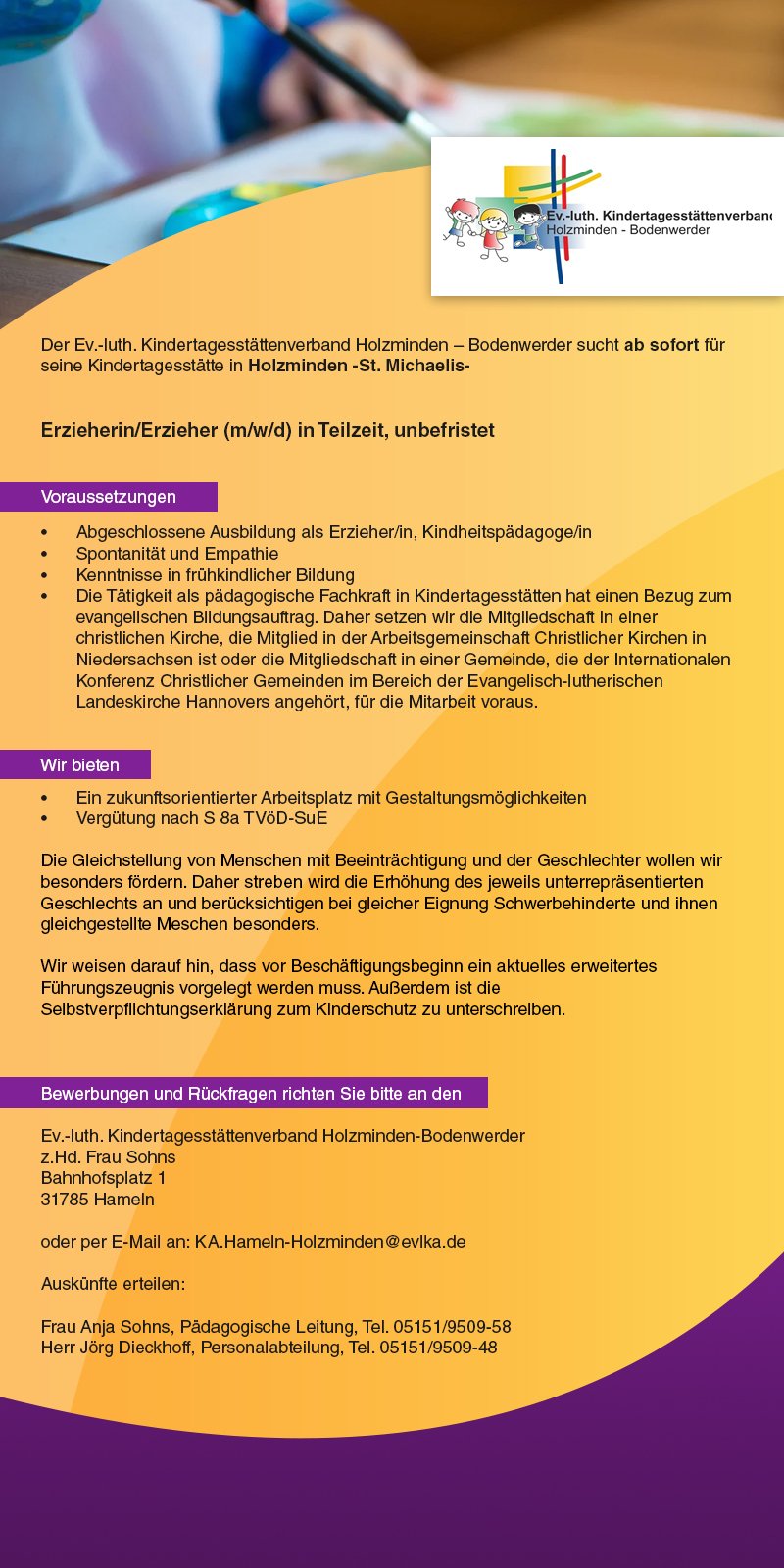 Erzieher/in (m/w/d) für die Kindertagesstätte St. Michaelis Holzminden - Ev.-luth. Kindertagesstättenverband Holzminden-Bodenwerder