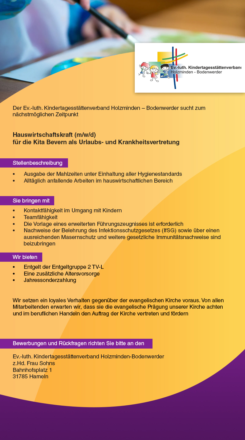 Hauswirtschaftskraft (m/w/d) in der Kindertagesstätte Bevern - Ev.-luth. Kindertagesstättenverband Holzminden-Bodenwerder