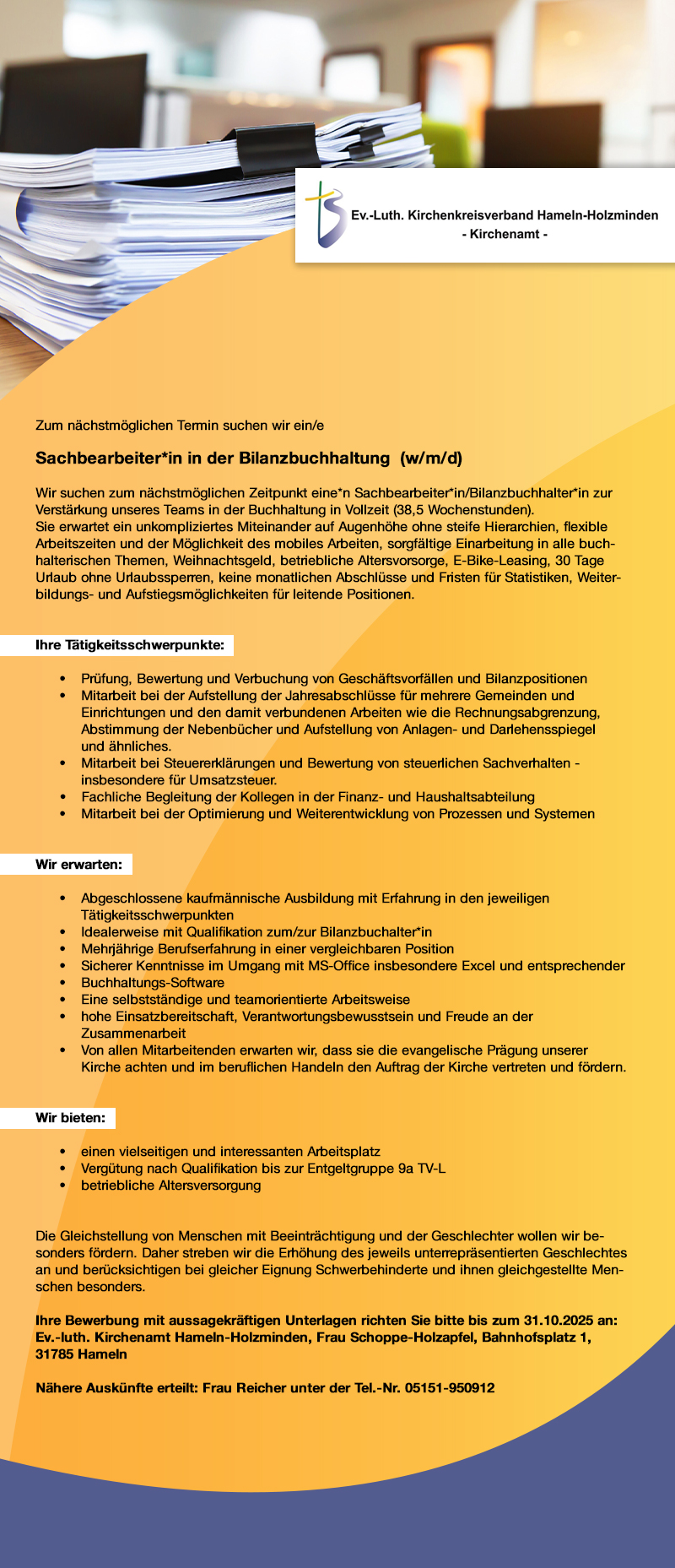 Sachbearbeiter/in in der Bilanzbuchhaltung (m/w/d) - Kirchenkreis Holzminden-Bodenwerder