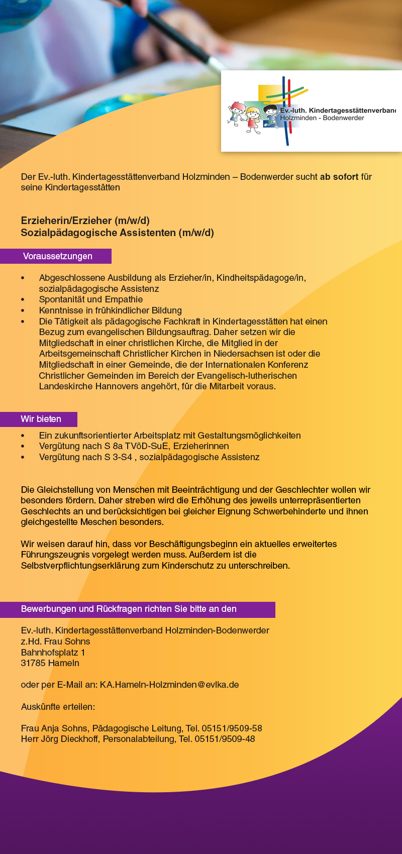 Erzieher/in, Sozialpädagogische Assistenten (m/w/d) - Ev.-luth. Kindertagesstättenverband Holzminden-Bodenwerder