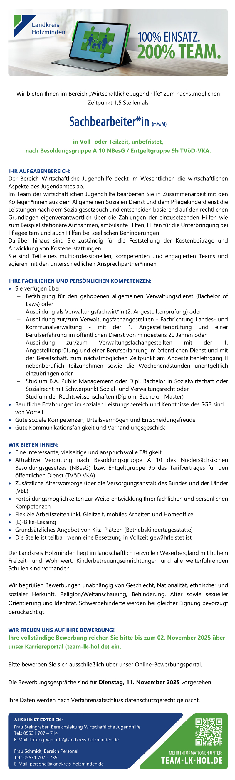 Sachbearbeiter/in (m/w/d) im Bereich Wirtschaftliche Jugendhilfe - Landkreis Holzminden