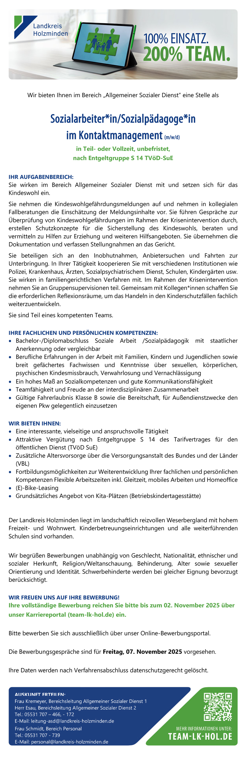 Sozialarbeiter/in, Sozialpädagoge/in im Kontaktmanagement (m/w/d) - Landkreis Holzminden