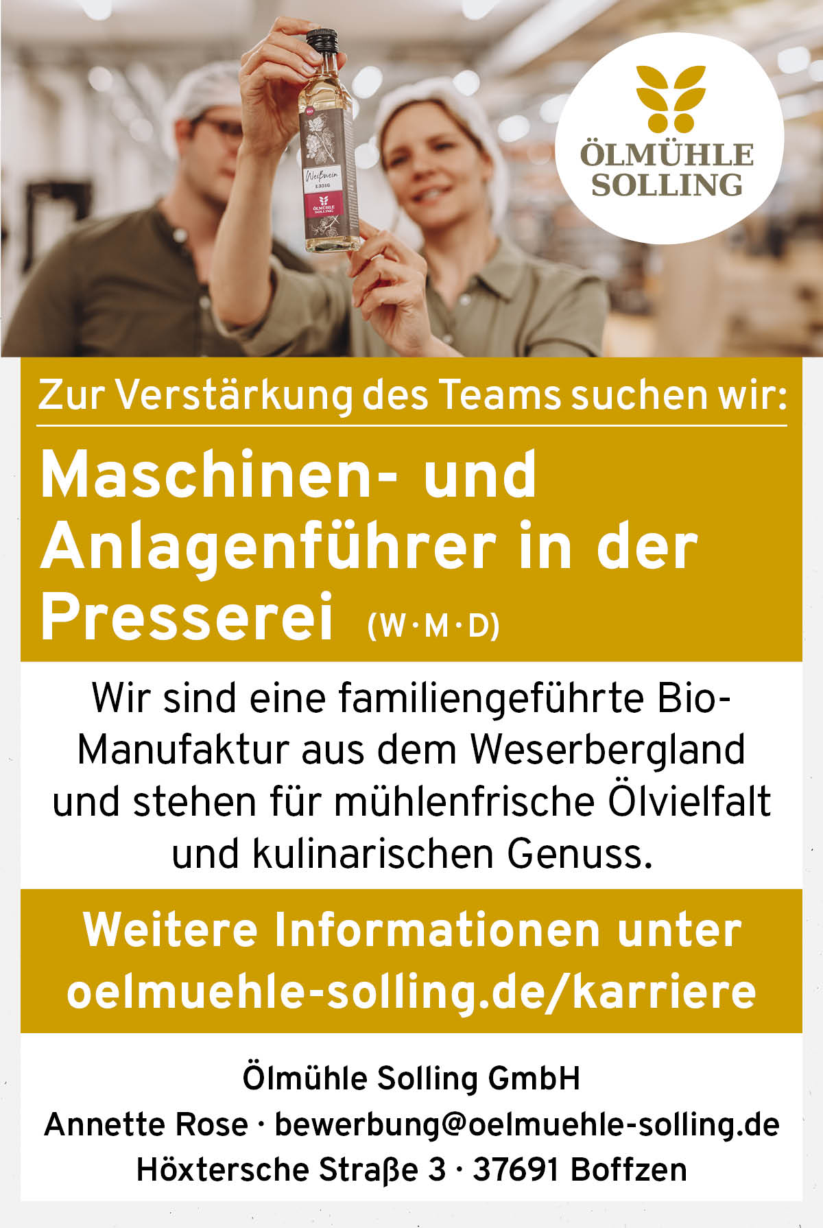 Maschinen- und Anlagenführer/in in der Presserei (m/w/d) - Ölmühle Solling