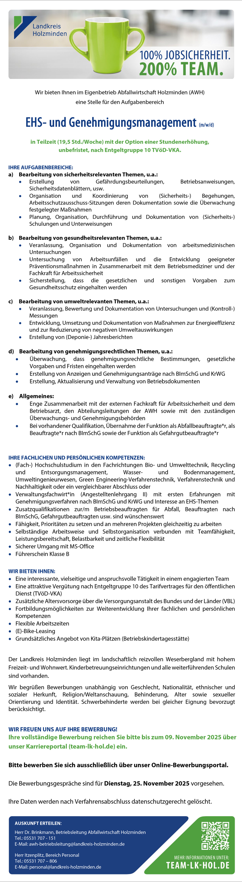 Mitarbeiter/in für EHS- und Genehmigungsmanagement (m/w/d) - Landkreis Holzminden