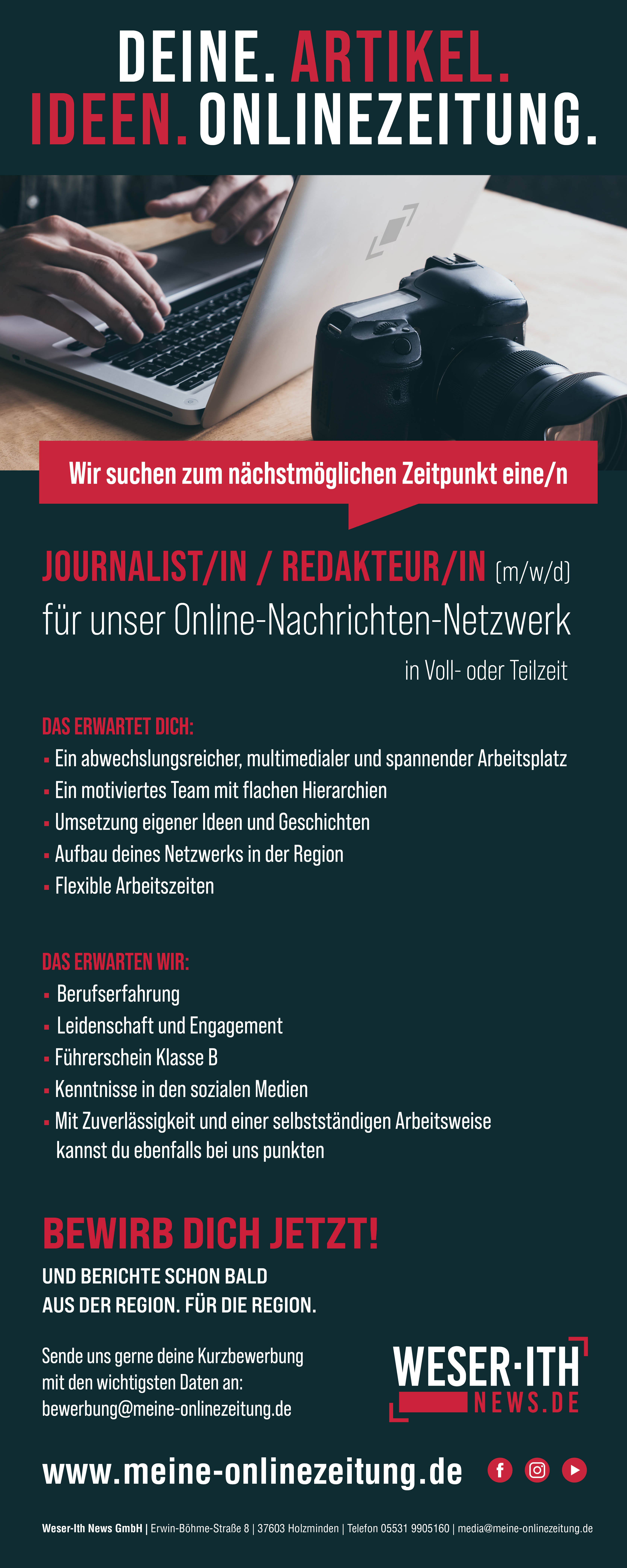 Journalist/in oder Redakteur/in (m/w/d) - Weser-Ith News GmbH