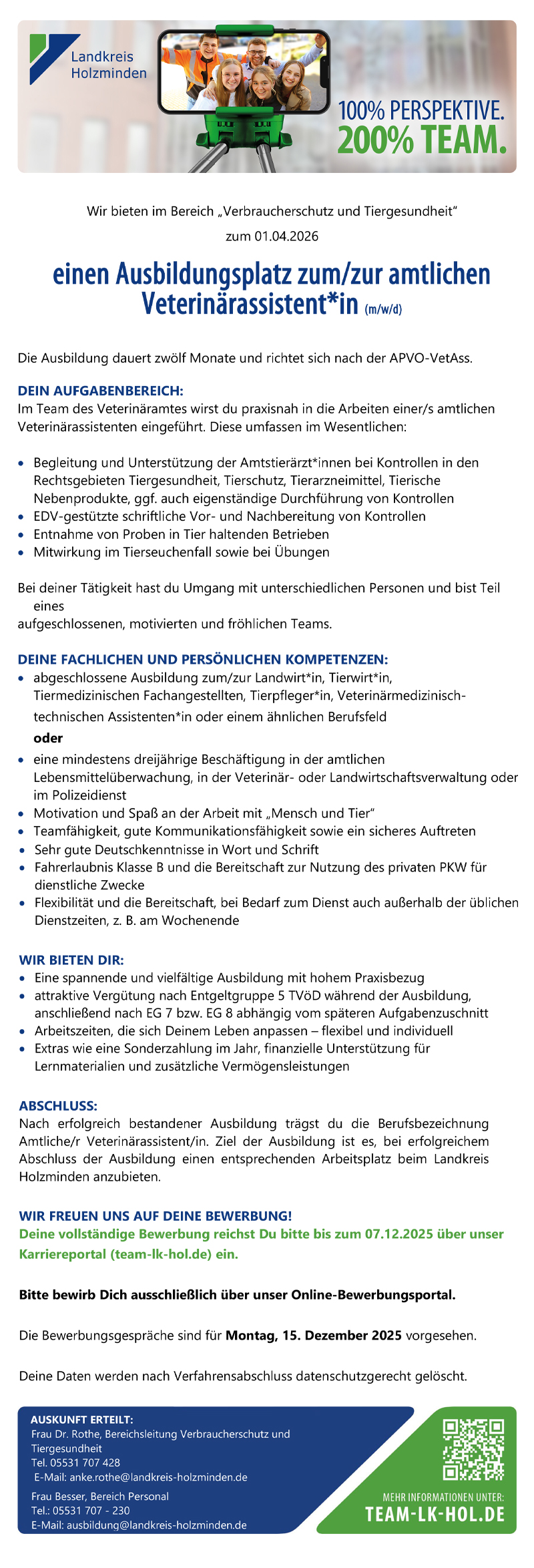 Ausbildungsplatz zum/zur amtlichen Veterinärassistent/in (m/w/d) - Landkreis Holzminden