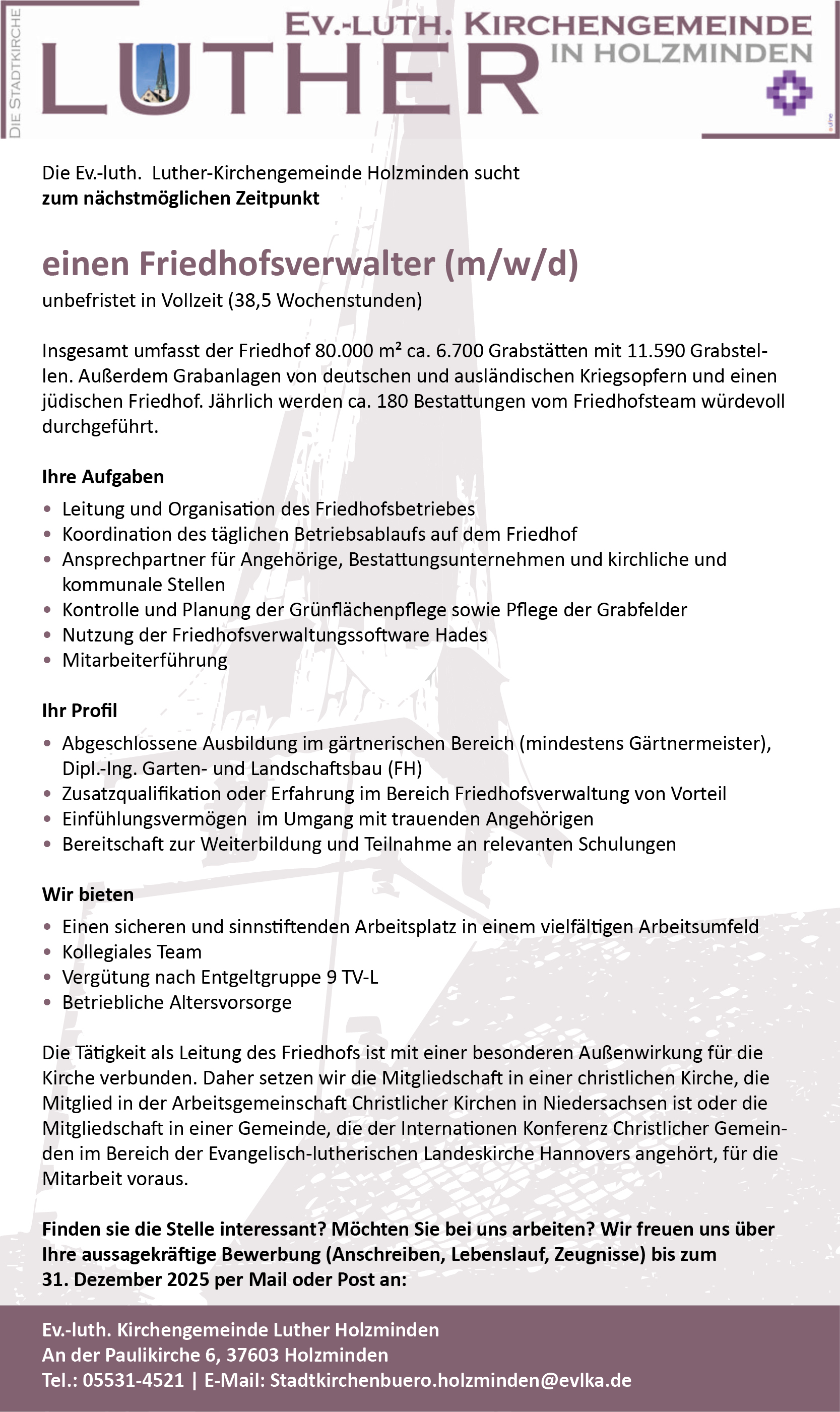Friedhofsverwalter/in (m/w/d) - ev.-luth. Kirchengemeinde Luther in Holzminden 